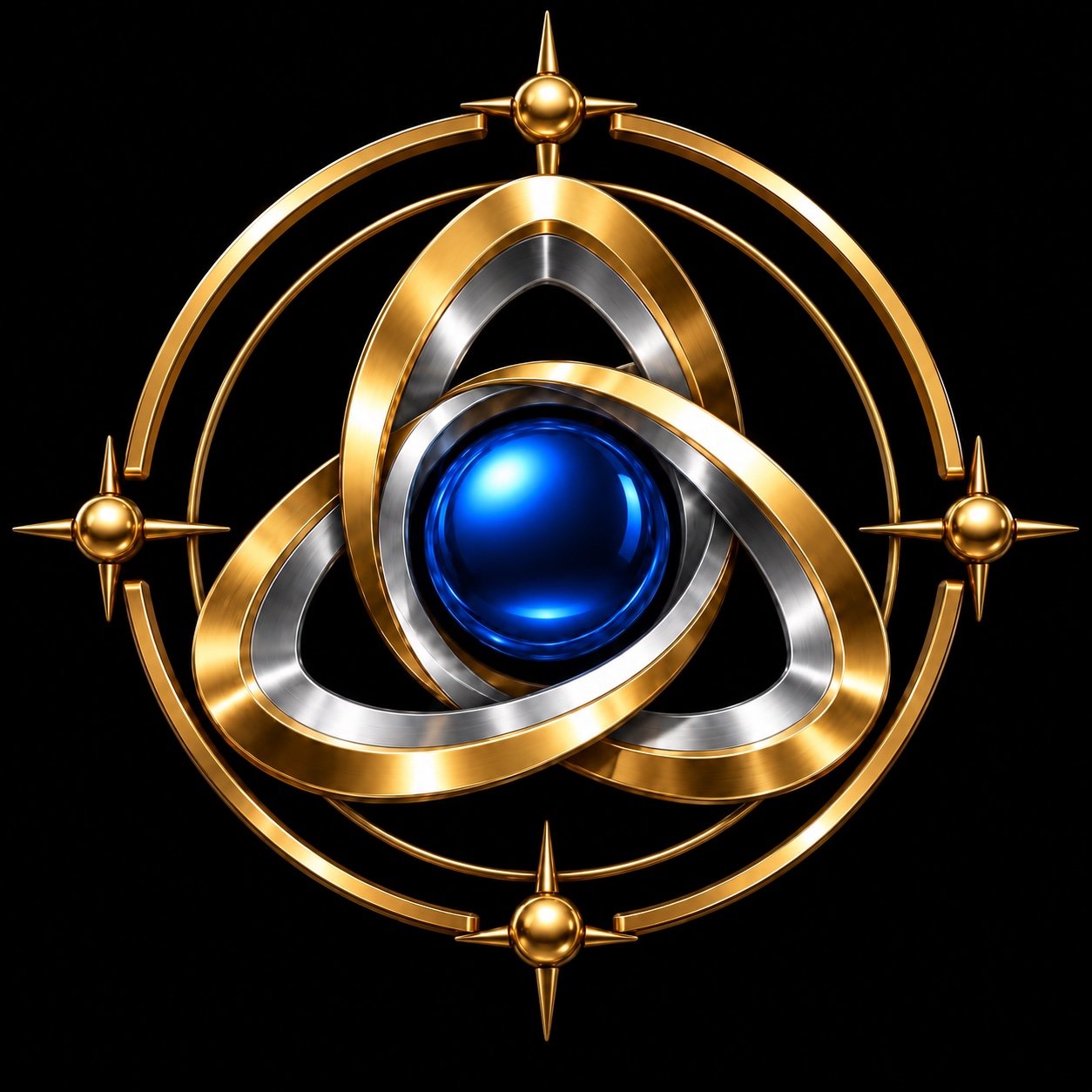 Trio Media emblem: an electric-blue core within continuous gold and silver three-loop geometry.