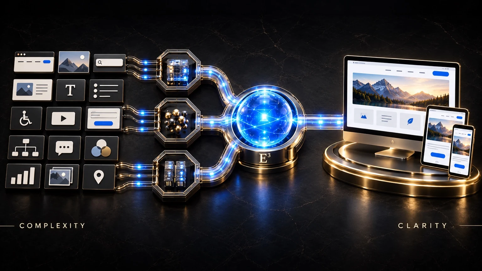 A conceptual view of website elements connecting through E³ into one coordinated desktop, tablet, and mobile experience.