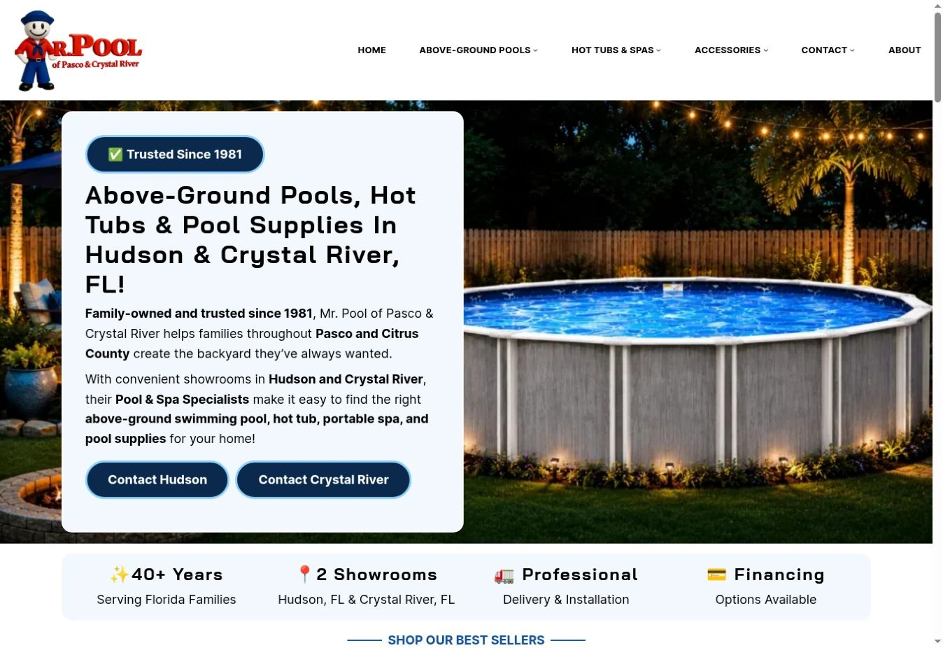 Archived desktop homepage of Mr. Pool, showing pools, spas and ways to contact the business.