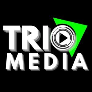 Trio Media with a play symbol inside the O in Trio and a green triangle behind the O.