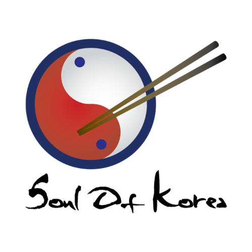 A red, white and blue yin-yang symbol with chopsticks and Soul of Korea underneath it.