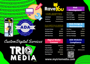 Trio Media 2022 Pricing chart with RaveYou on a phone, ADA Compliant website bade, globe of website design and maintenance.