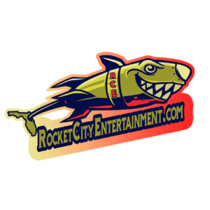 A rocket with a face (eye, smile with teeth) flying out of Florida with RocketCityEntertainment.com.